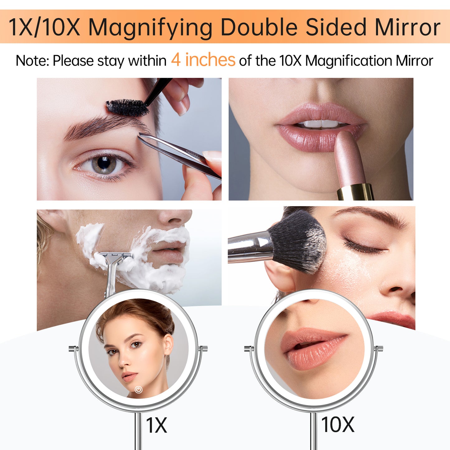 Funtouch Double-Sided Lighted Chrome Makeup Mirror, 10x Magnification, Adjustable Swivel Vanity Mirror