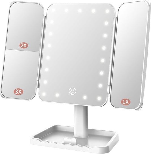Funtouch Rechargeable Trifold Makeup Vanity Mirror with Light, Adjustable Dimming Touch Sensor, 180° Rotation, Portable Cosmetic Mirror