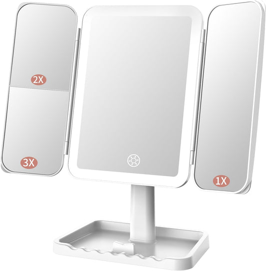 Funtouch Rechargeable Trifold Makeup Vanity Mirror with 3 Lights, Adjustable Dimming Touch Sensor, 180° Rotation, Portable Cosmetic Mirror