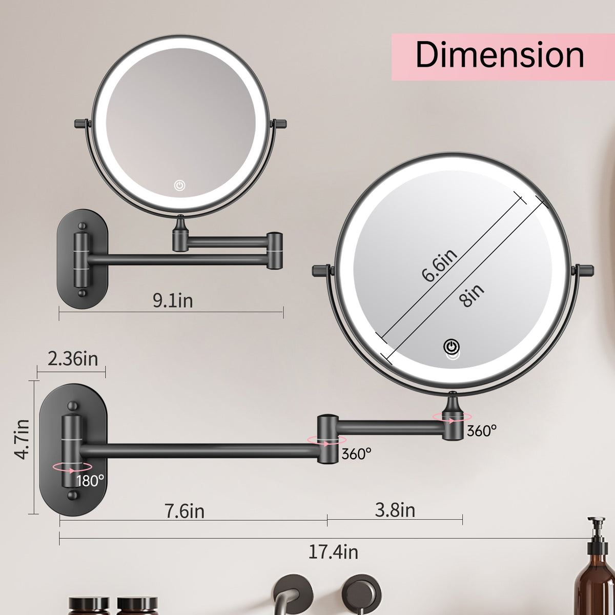 Funtouch 307 Round Stainless Steel Wall-Mounted Makeup Mirror w/ 1X/10X Magnification, Black