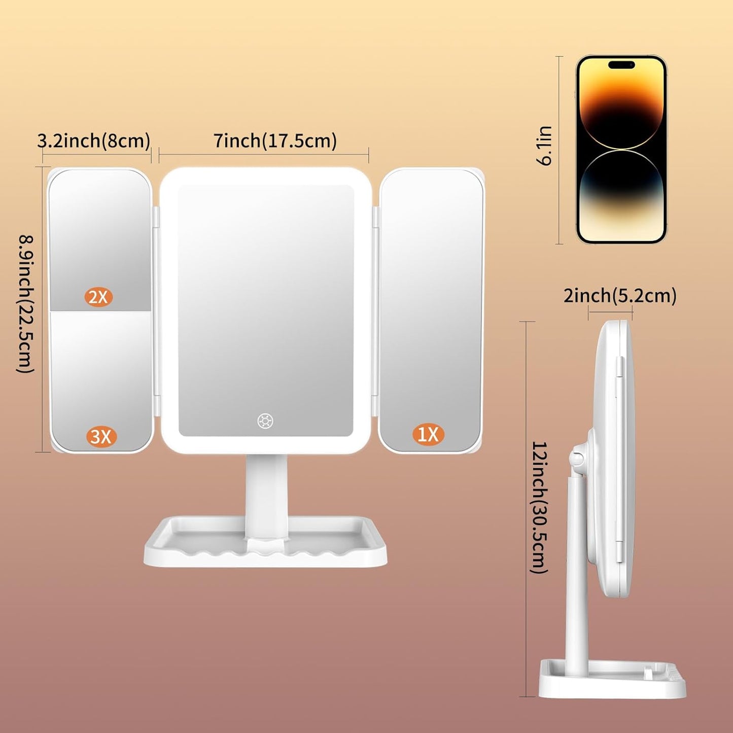 Funtouch Rechargeable Trifold Makeup Vanity Mirror with 3 Lights, Adjustable Dimming Touch Sensor, 180° Rotation, Portable Cosmetic Mirror