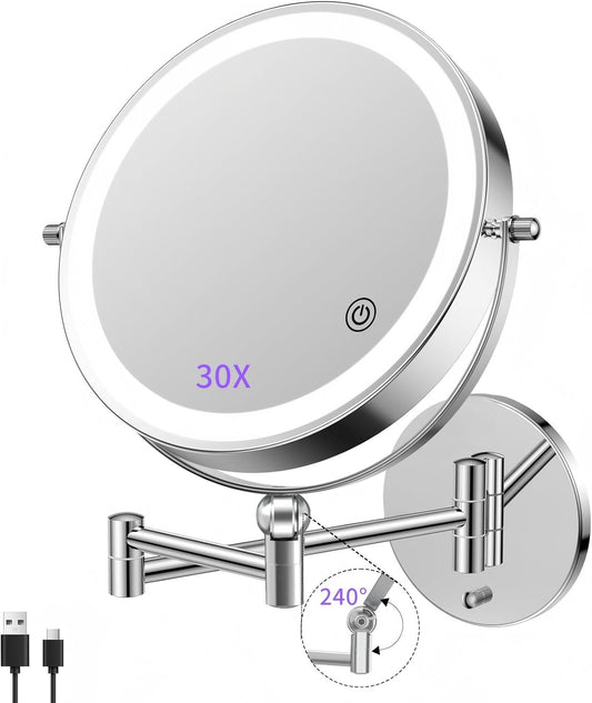 FUNTOUCH 9-inch 5000mAh Rechargeable Makeup Mirror with 1X/30X Magnification, Dimmable Razor Mirror in 3 Colors, Adjustable Height Makeup Mirror, 360° Rotatable, Wall Mirror for Bathroom and Hotel