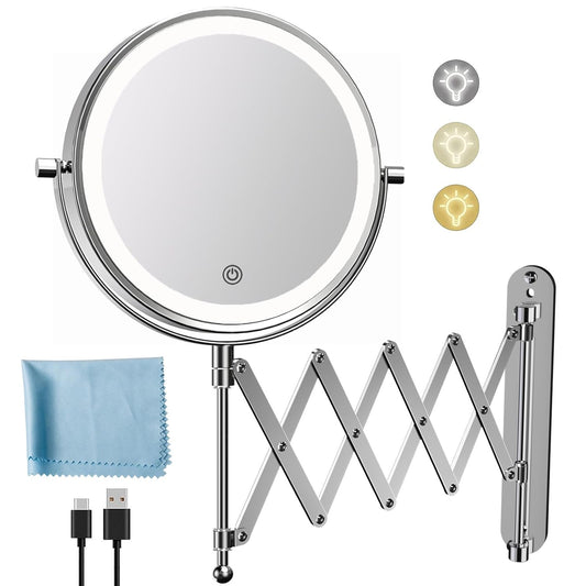 FUNTOUCH Rechargeable Wall Mounted Makeup Mirror - 8" Double Sided 1X/10X Magnifying Mirror with 3 Color Lights Dimmable Touch Screen, 360°Swivel 19.6" Retractable Accordion Bathroom Mirror - Chrome