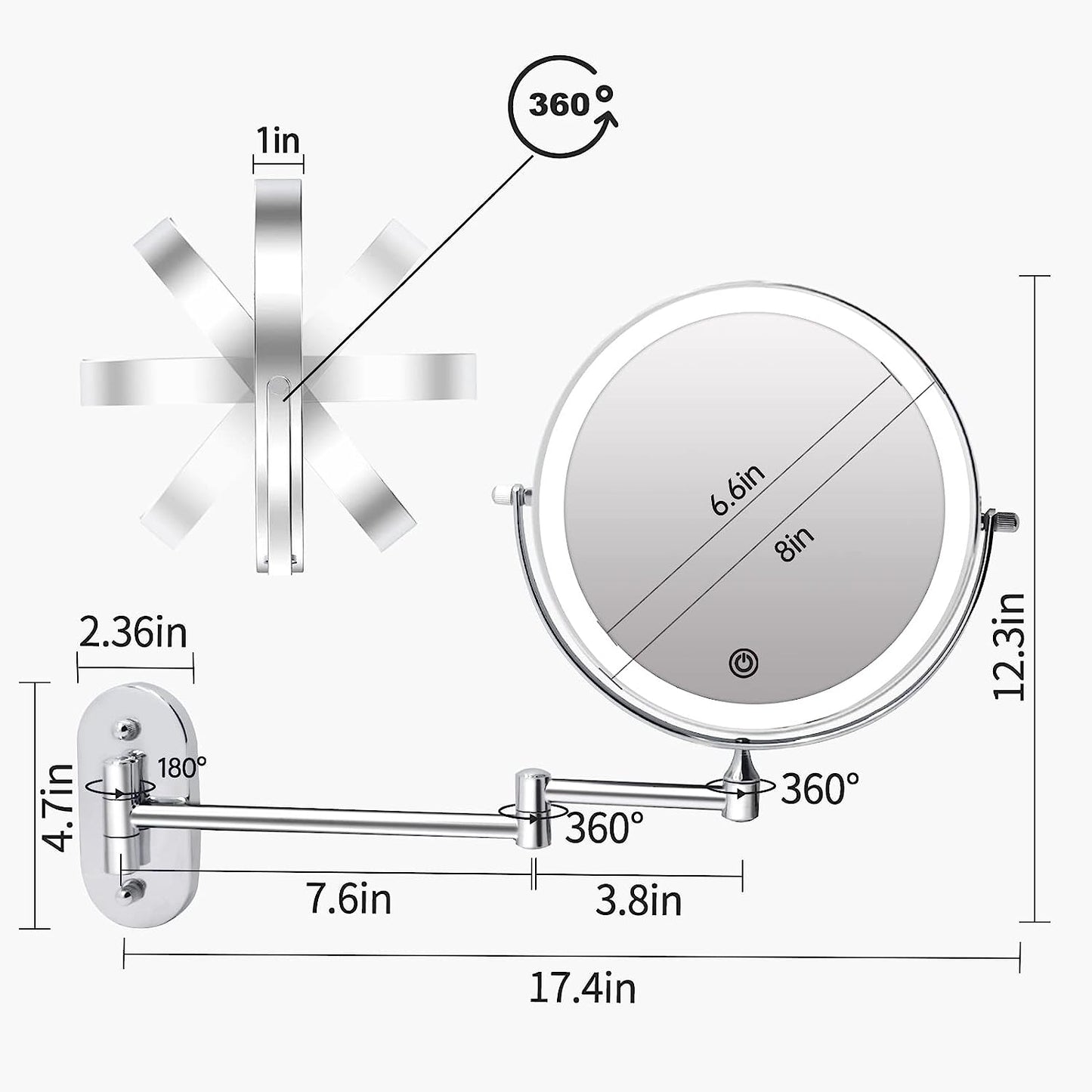 Funtouch Round Lighted Rechargeable 1X 10X Magnifying Wall Mounted Bathroom Makeup Vanity Mirror