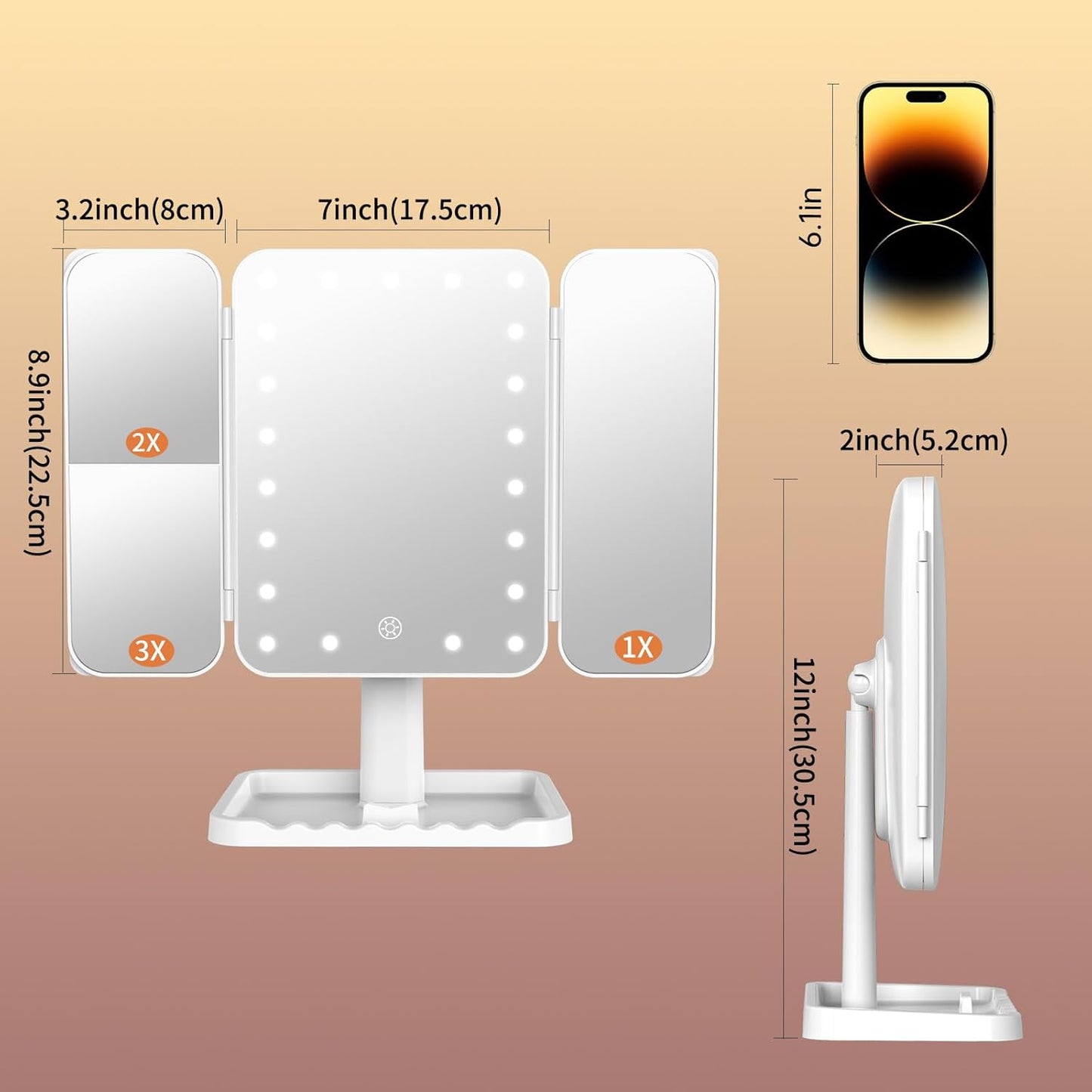 Funtouch Rechargeable Trifold Makeup Vanity Mirror with Light, Adjustable Dimming Touch Sensor, 180° Rotation, Portable Cosmetic Mirror