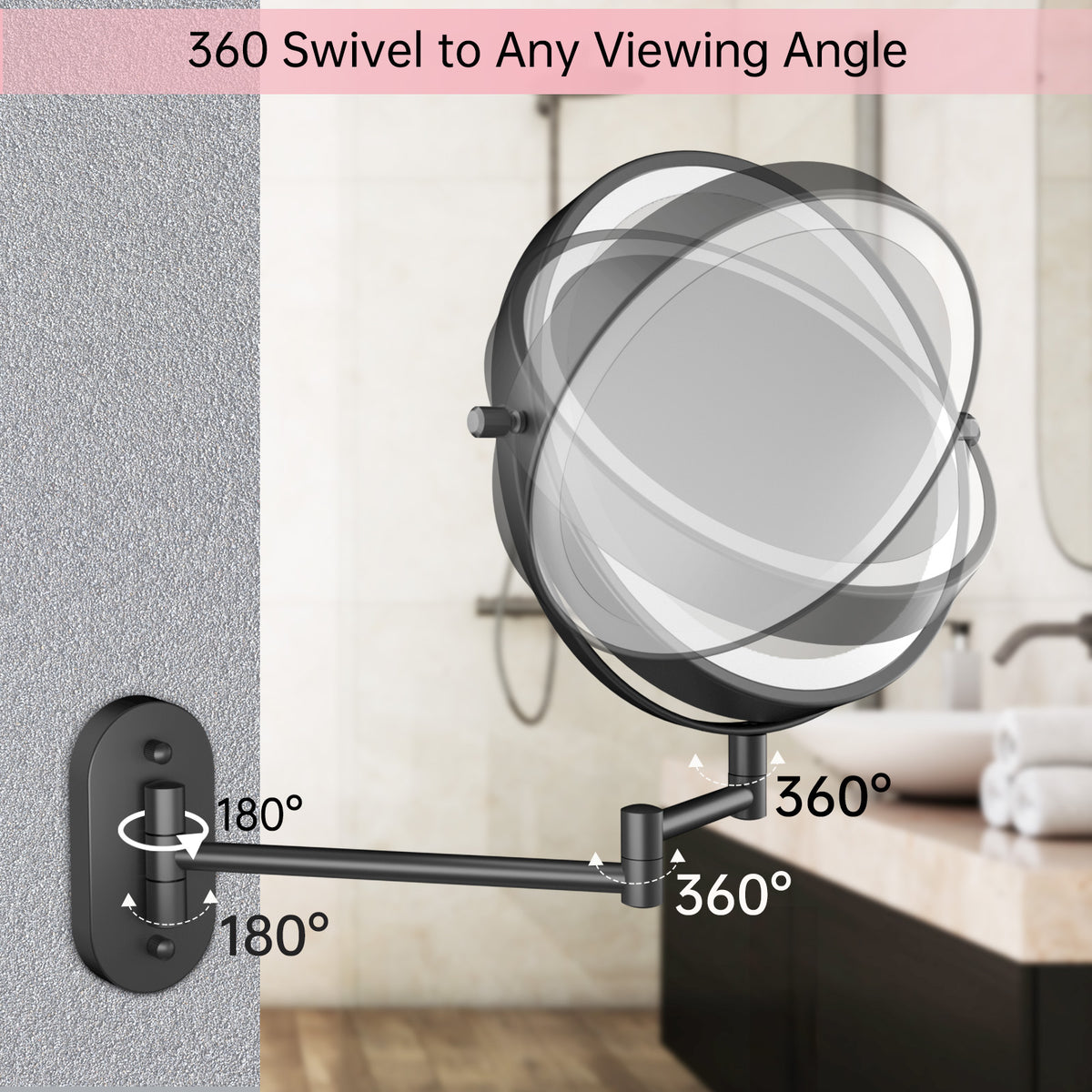 Funtouch 307 Round Stainless Steel Wall-Mounted Makeup Mirror w/ 1X/10X Magnification, Black