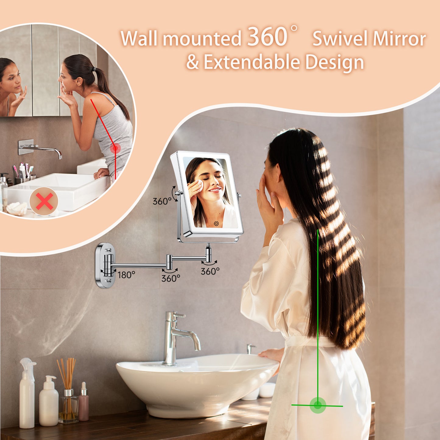 Funtouch Extendable Adjustable Rechargeable Magnifying Makeup Mirror, 360° Rotation, 3 Color Vanity Mirror with Lights, Chrome