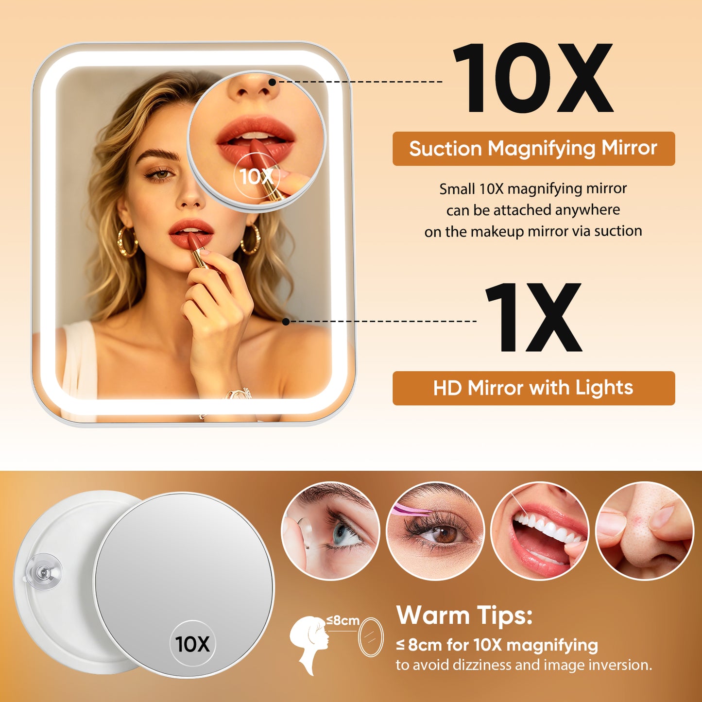 FUNTOUCH Large Makeup Vanity Mirror with Lights, 4500mAh Rechargeable Lighted Desk Makeup Mirror with 10x Magnifying Mirror, 3 Color Lighting (White)