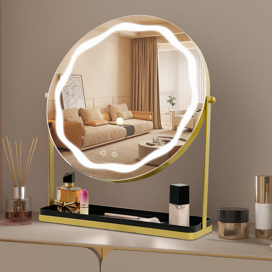 Funtouch 16" Diameter Round Makeup Mirror with Lighted Table Mount, Tabletop Makeup Mirror with Storage，Gold