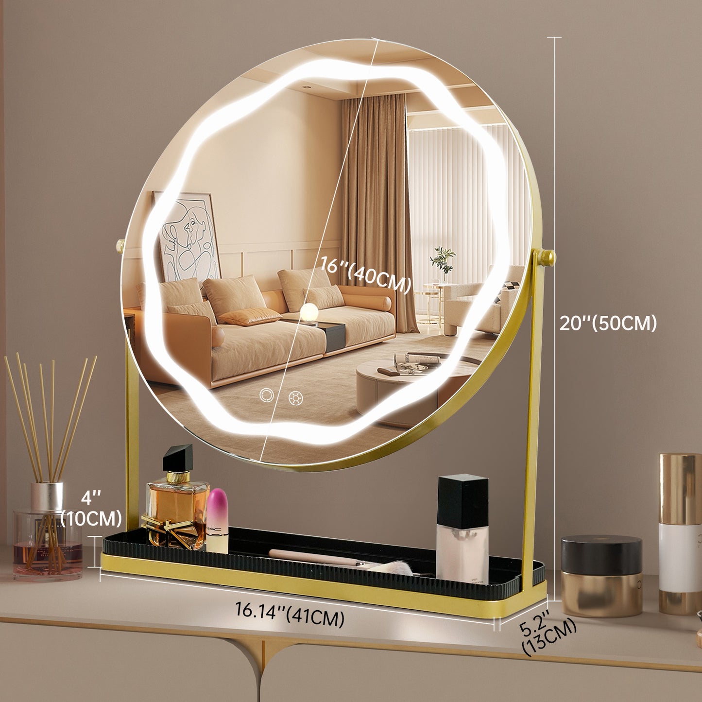 Funtouch 16" Diameter Round Makeup Mirror with Lighted Table Mount, Tabletop Makeup Mirror with Storage，Gold