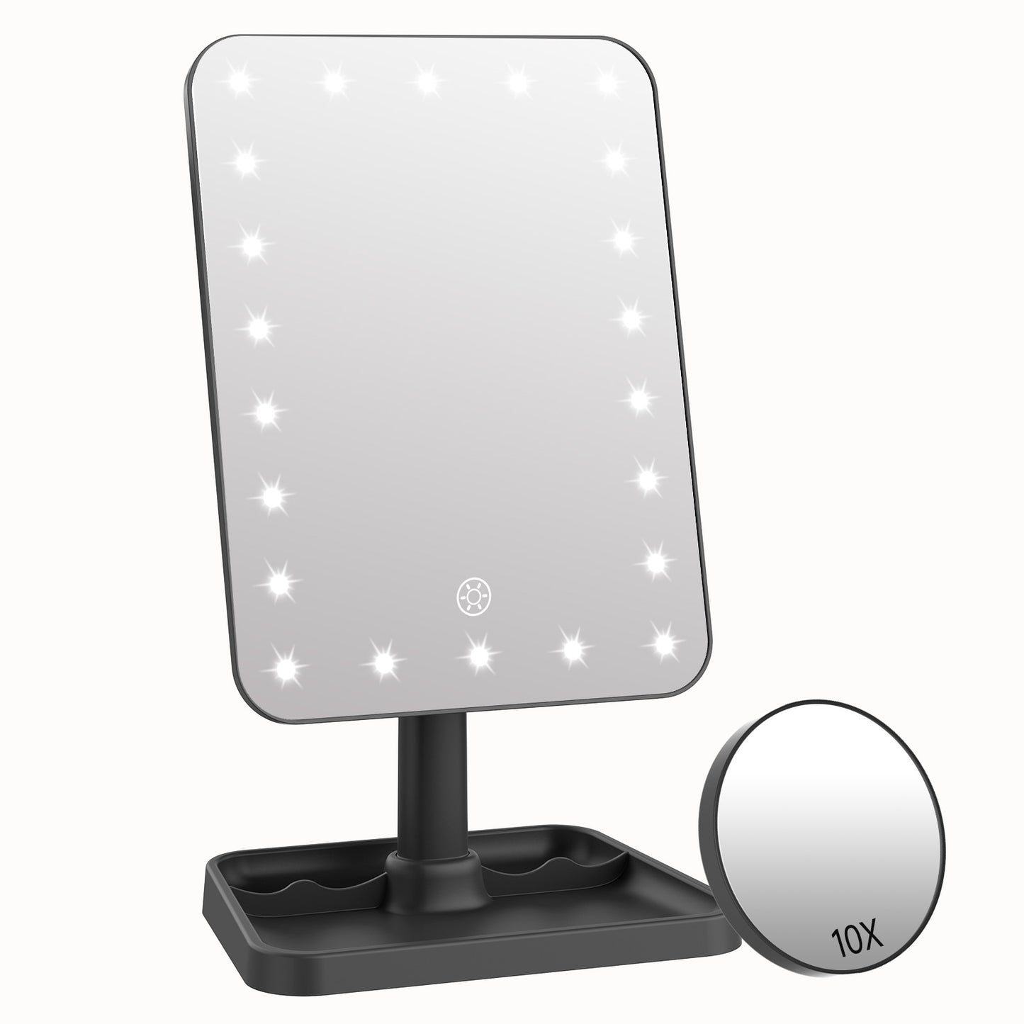 Funtouch 9" x 6.5" Makeup Mirror with 1X / 10X Magnification, Dimming Touch Sensor, Portable Travel, Black