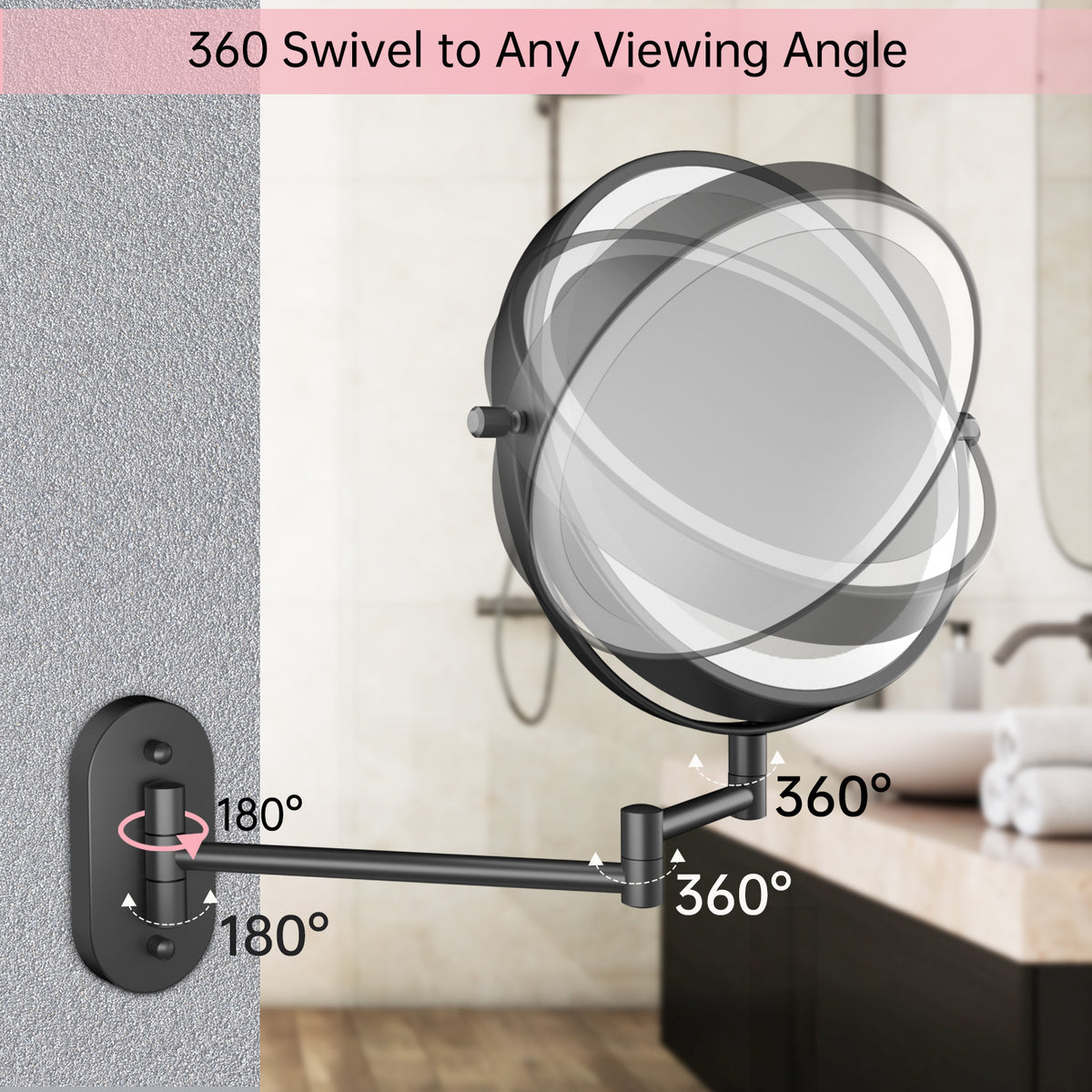 Funtouch 307 Round Stainless Steel Wall-Mounted Makeup Mirror w/ 1X/10X Magnification, Black