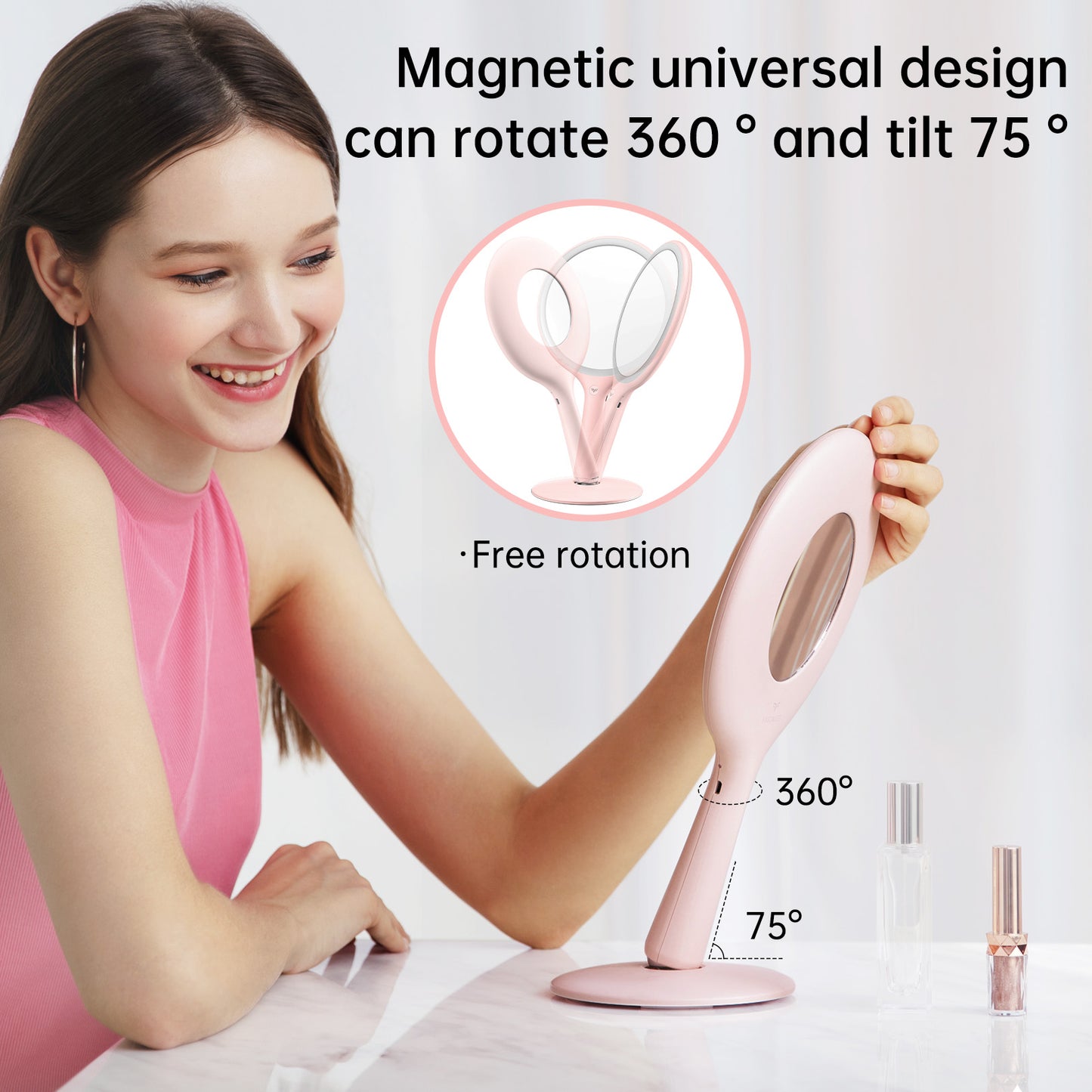 Rechargeable Makeup Mirror, Round, ABS, 1x/5x Magnification, Pink