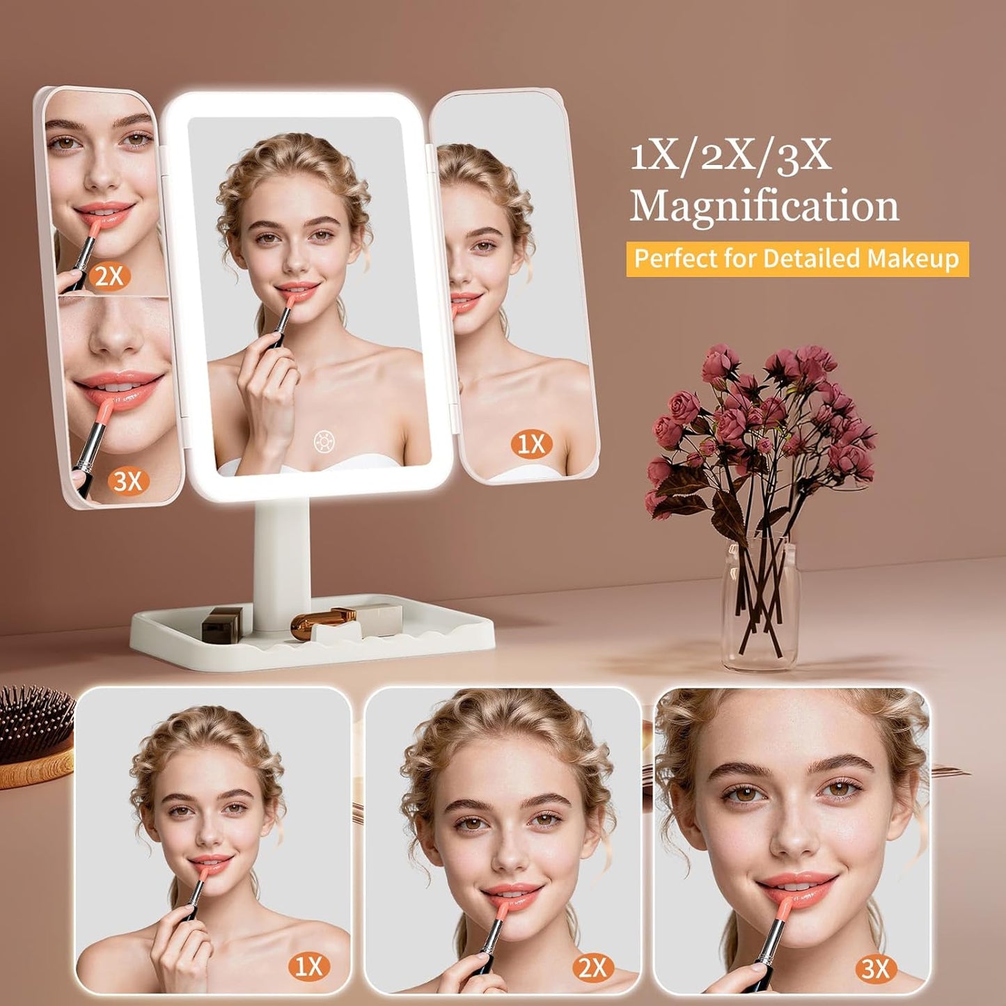 Funtouch Rechargeable Trifold Makeup Vanity Mirror with 3 Lights, Adjustable Dimming Touch Sensor, 180° Rotation, Portable Cosmetic Mirror