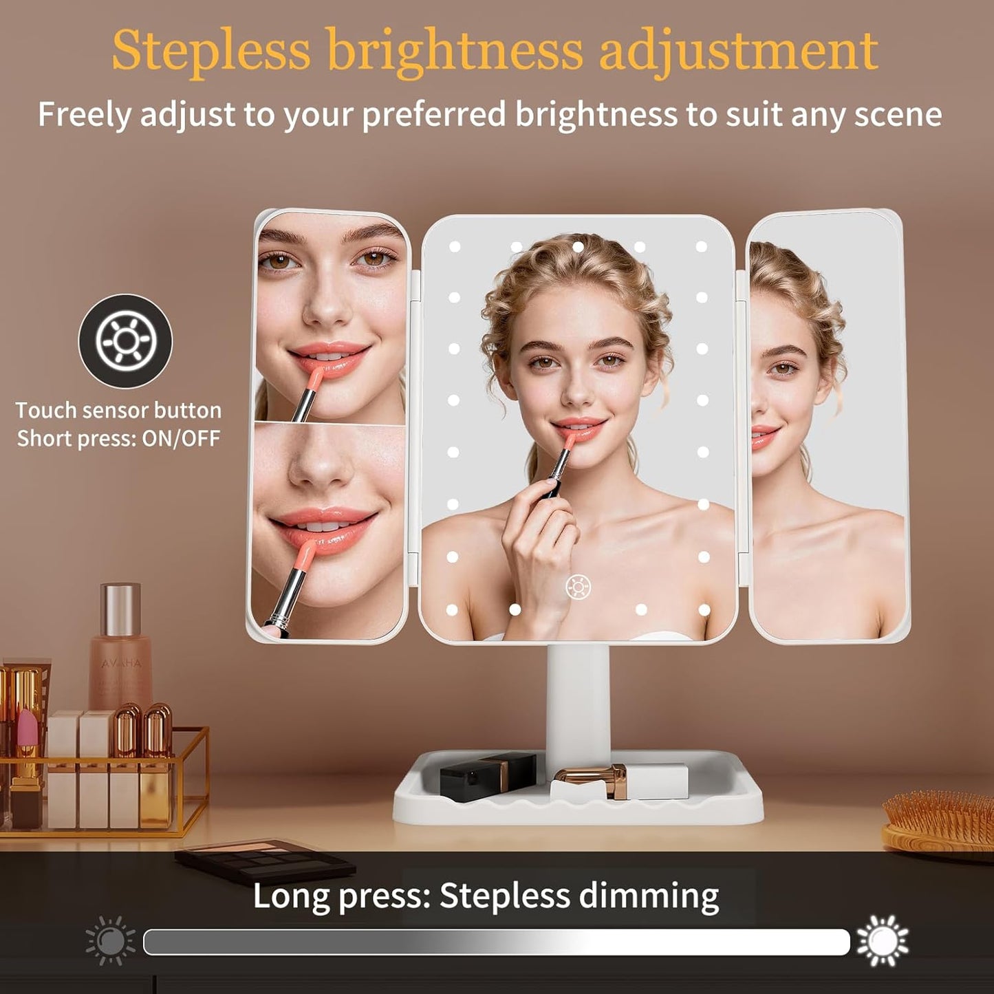 Funtouch Rechargeable Trifold Makeup Vanity Mirror with Light, Adjustable Dimming Touch Sensor, 180° Rotation, Portable Cosmetic Mirror