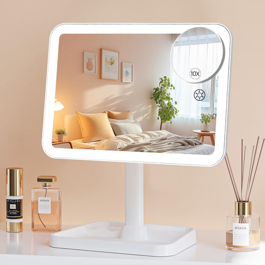 FUNTOUCH Vanity Mirror with Lights, Rechargeable 10X Magnification 3 Color Lighting Portable Tabletop Cosmetic Make Up Mirror, 360° Rotation Led Light up Mirrors with Storage