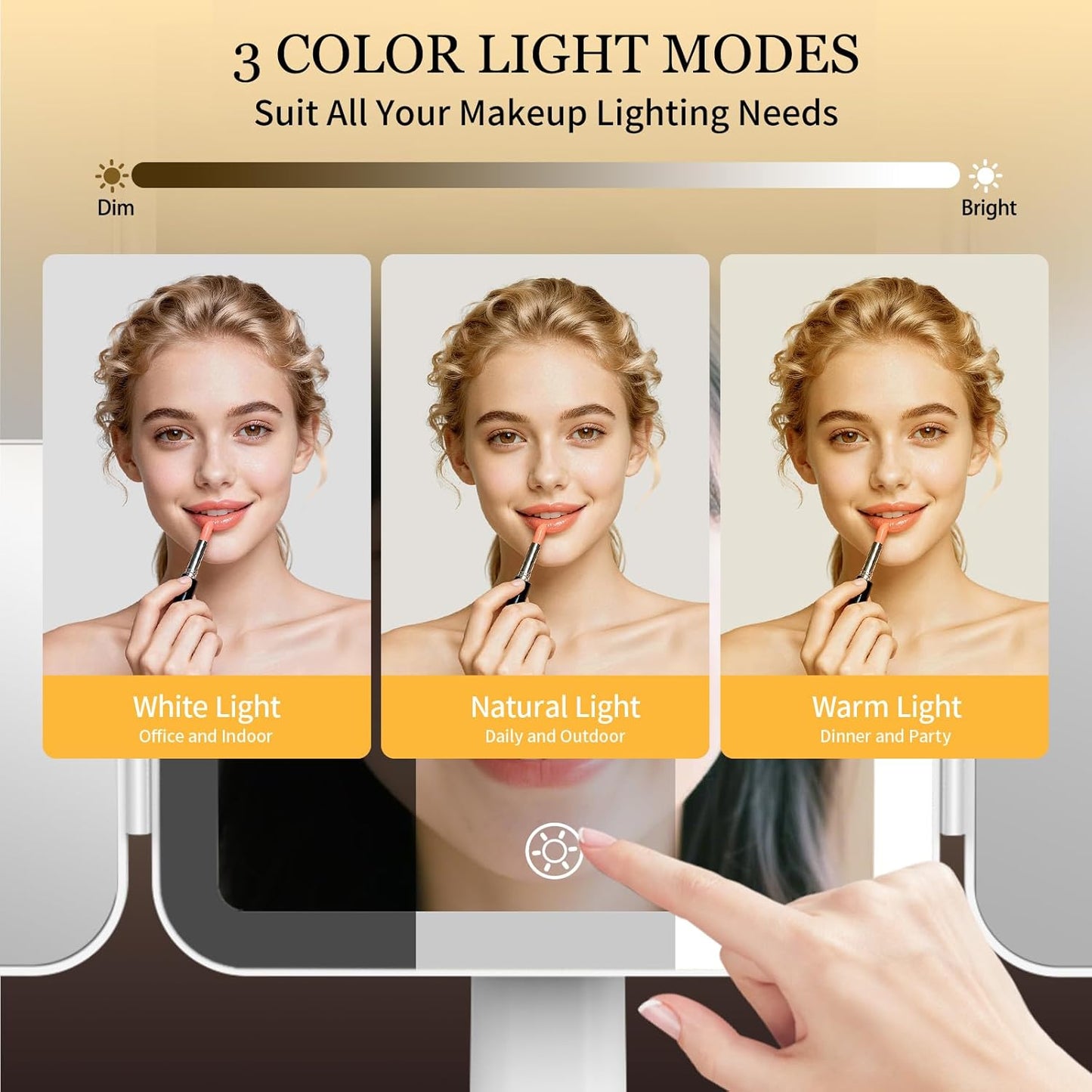 Funtouch Rechargeable Trifold Makeup Vanity Mirror with 3 Lights, Adjustable Dimming Touch Sensor, 180° Rotation, Portable Cosmetic Mirror