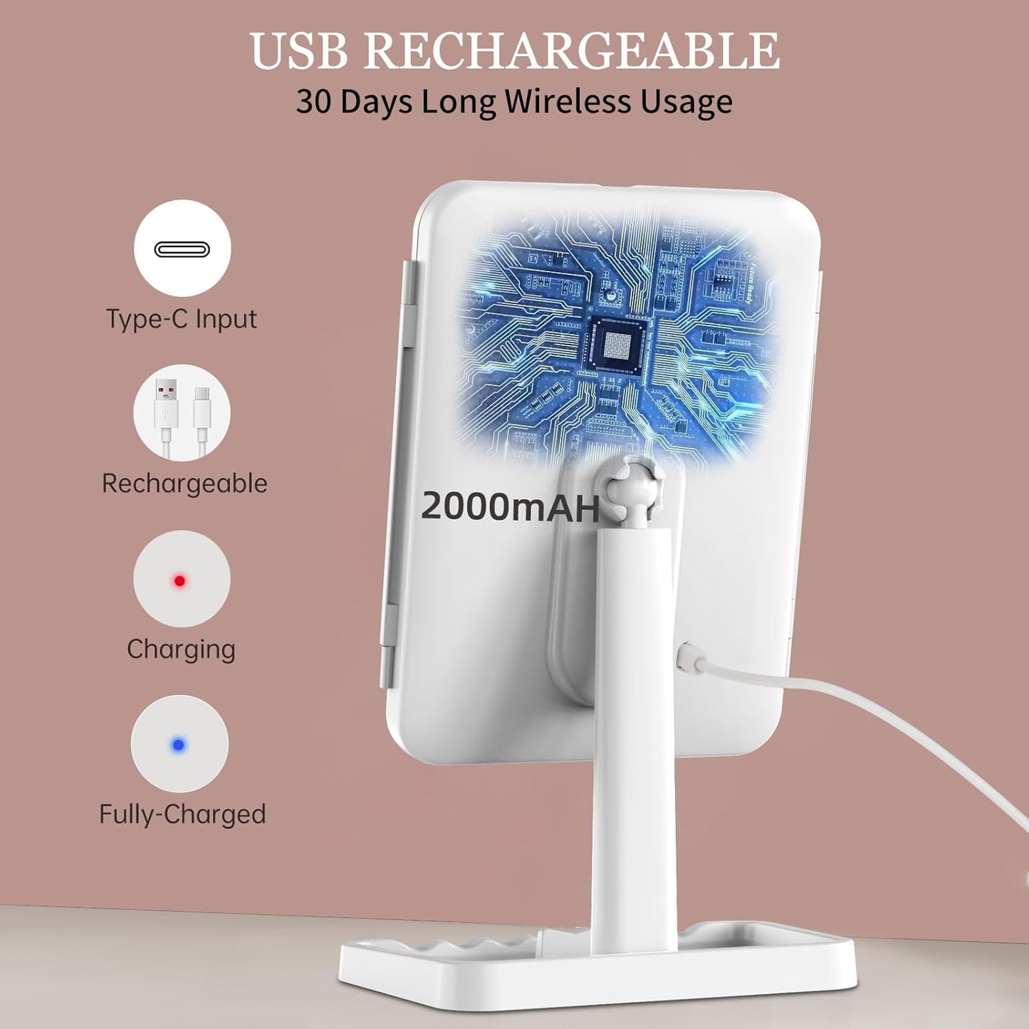 Funtouch Rechargeable Trifold Makeup Vanity Mirror with Light, Adjustable Dimming Touch Sensor, 180° Rotation, Portable Cosmetic Mirror