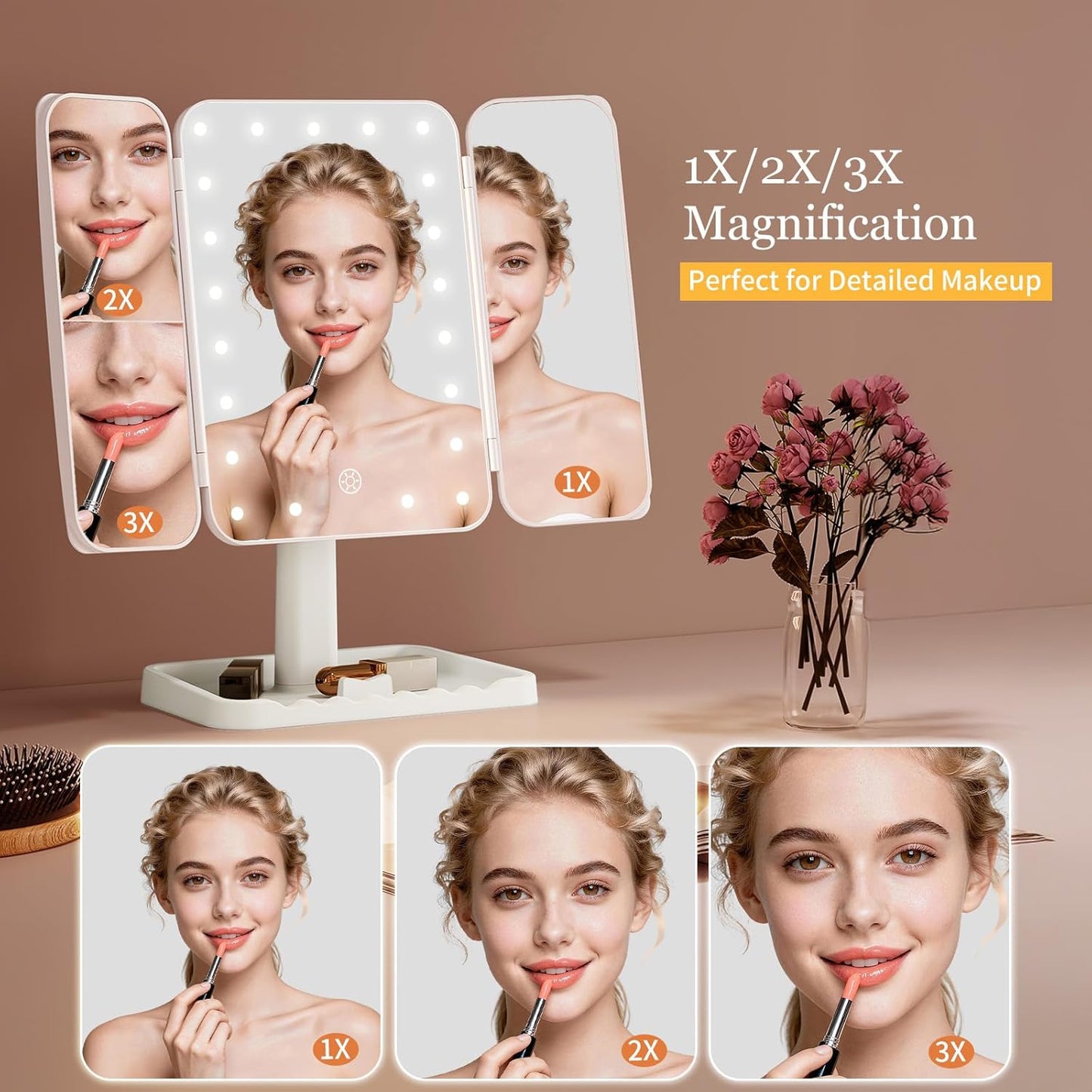 Funtouch Rechargeable Trifold Makeup Vanity Mirror with Light, Adjustable Dimming Touch Sensor, 180° Rotation, Portable Cosmetic Mirror