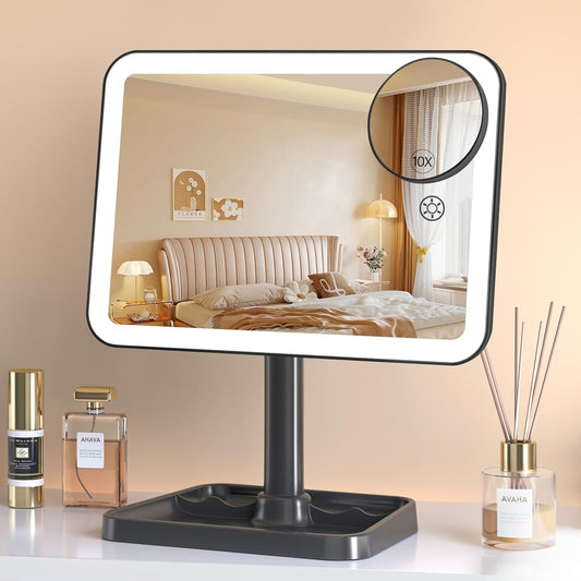 FUNTOUCH Vanity Mirror with Lights, Rechargeable 10X Magnification 3 Color Lighting Portable Tabletop Cosmetic Make Up Mirror, 360° Rotation Led Light up Mirrors with Storage,Black