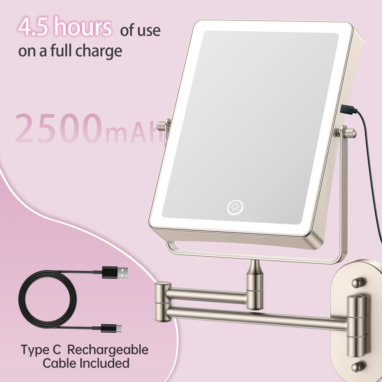 Funtouch Rechargeable Wall Mounted Lighted Makeup Mirror, 1X/10X Magnifying  Mirror with 3 Color Lights, 360° Swivel,BronzeNickel