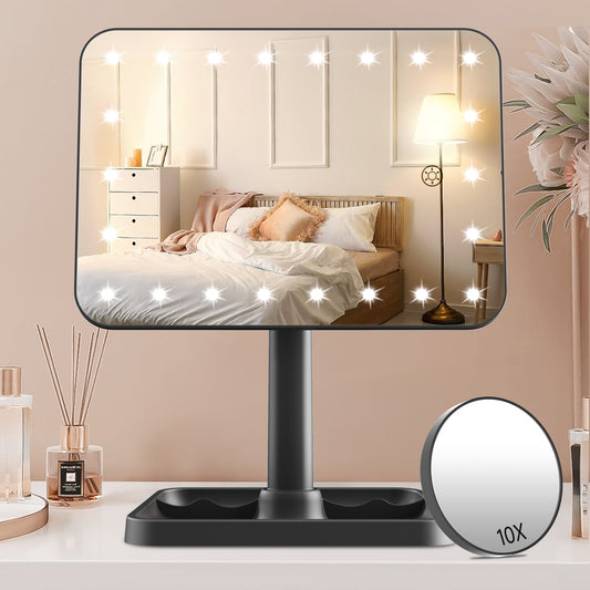 Funtouch 9" x 6.5" Makeup Mirror with 1X / 10X Magnification, Dimming Touch Sensor, Portable Travel, Black