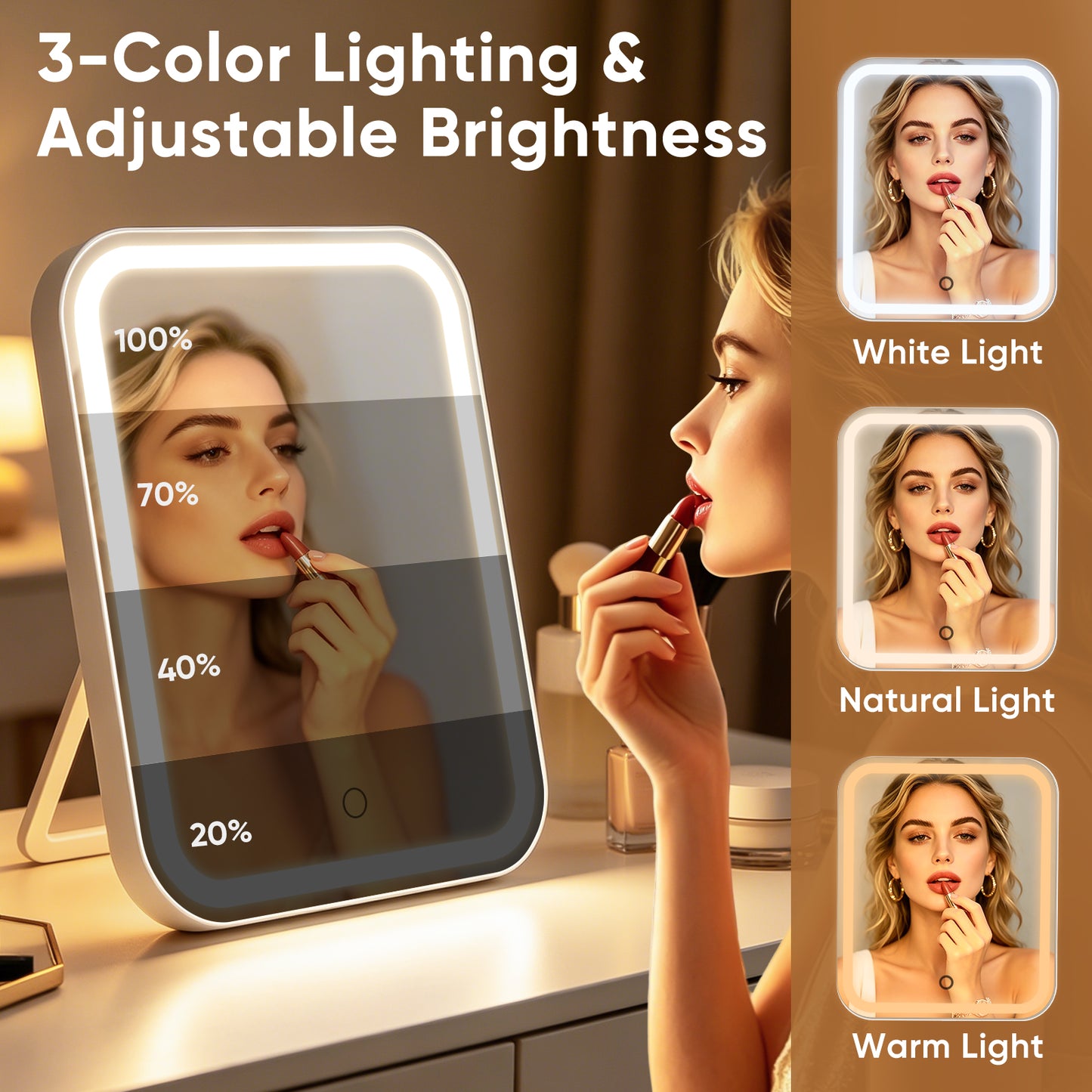 FUNTOUCH Large Makeup Vanity Mirror with Lights, 4500mAh Rechargeable Lighted Desk Makeup Mirror with 10x Magnifying Mirror, 3 Color Lighting (White)
