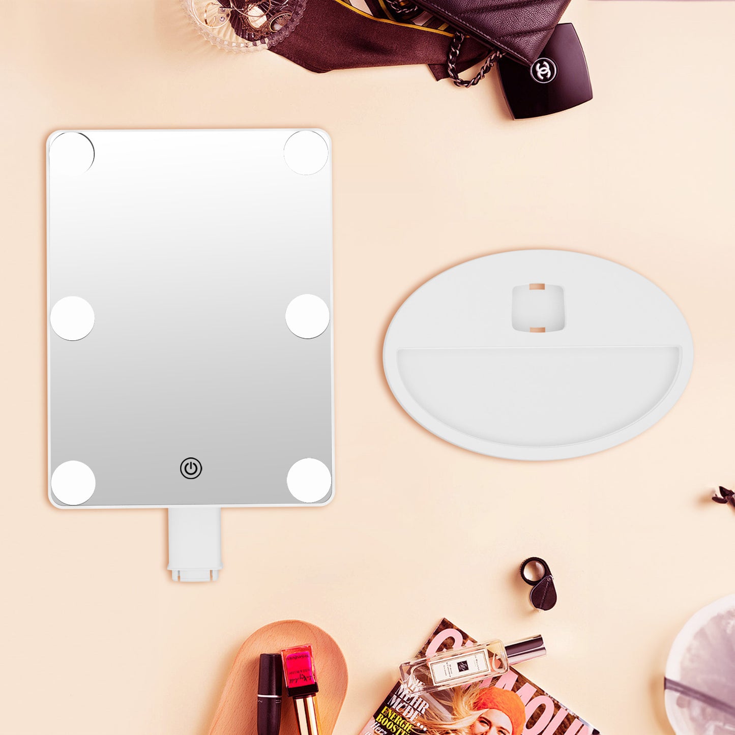 Funtouch 10" x 12" Freestanding Makeup Mirror with Lighted LED Bulbs, x1 Magnification, White