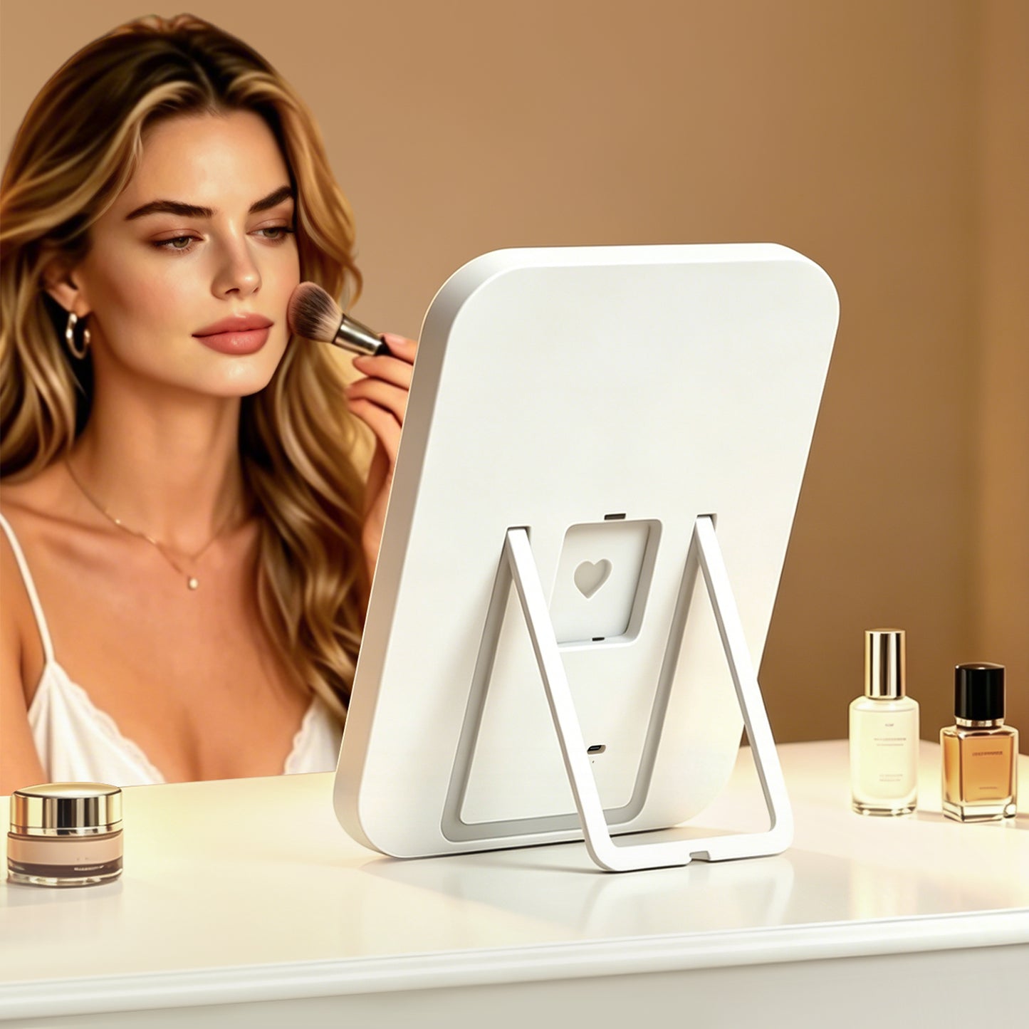 FUNTOUCH Large Makeup Vanity Mirror with Lights, 4500mAh Rechargeable Lighted Desk Makeup Mirror with 10x Magnifying Mirror, 3 Color Lighting (White)