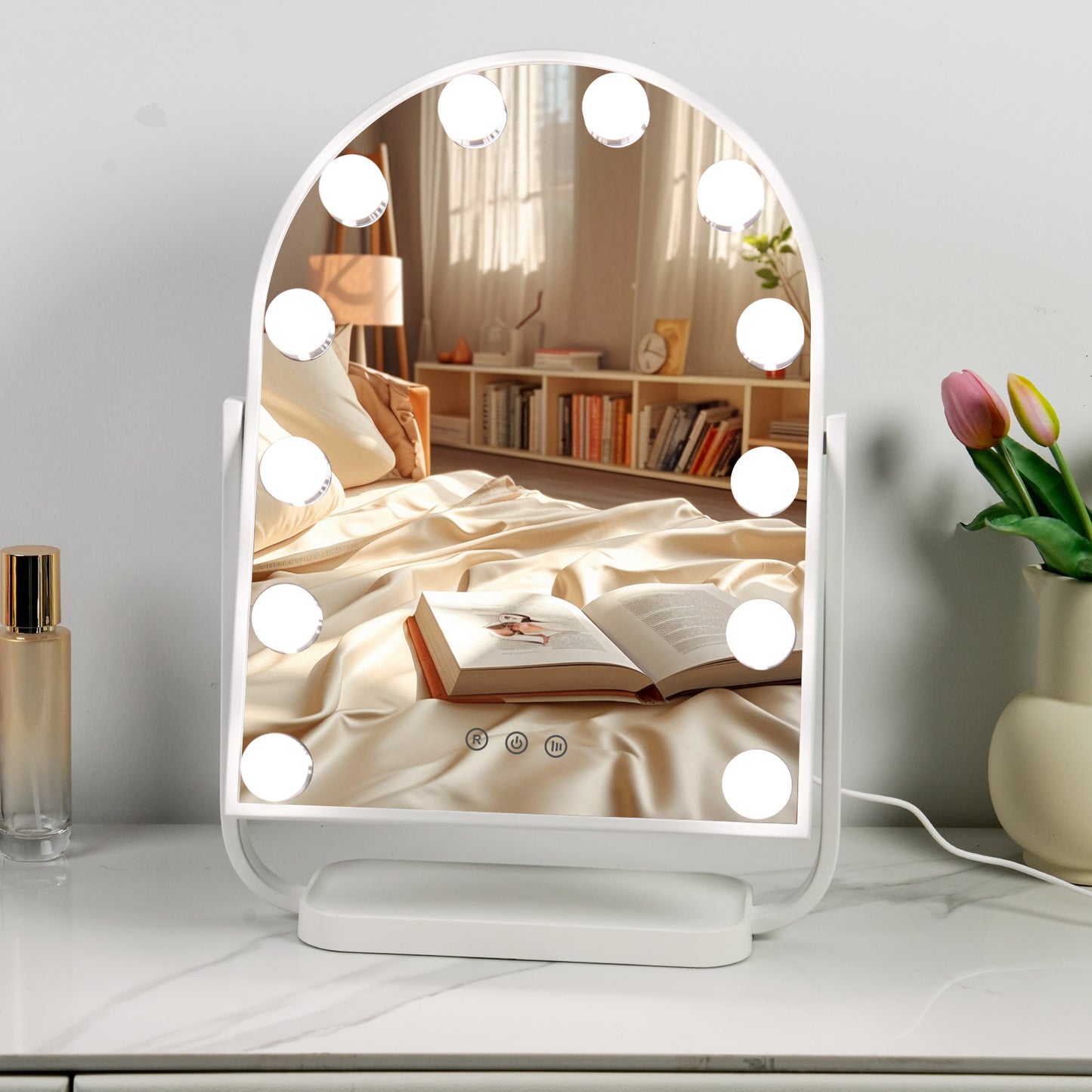 FUNTOUCH Arched Hollywood Vanity Makeup Mirror with Lights 12 Dimmable Bulbs White