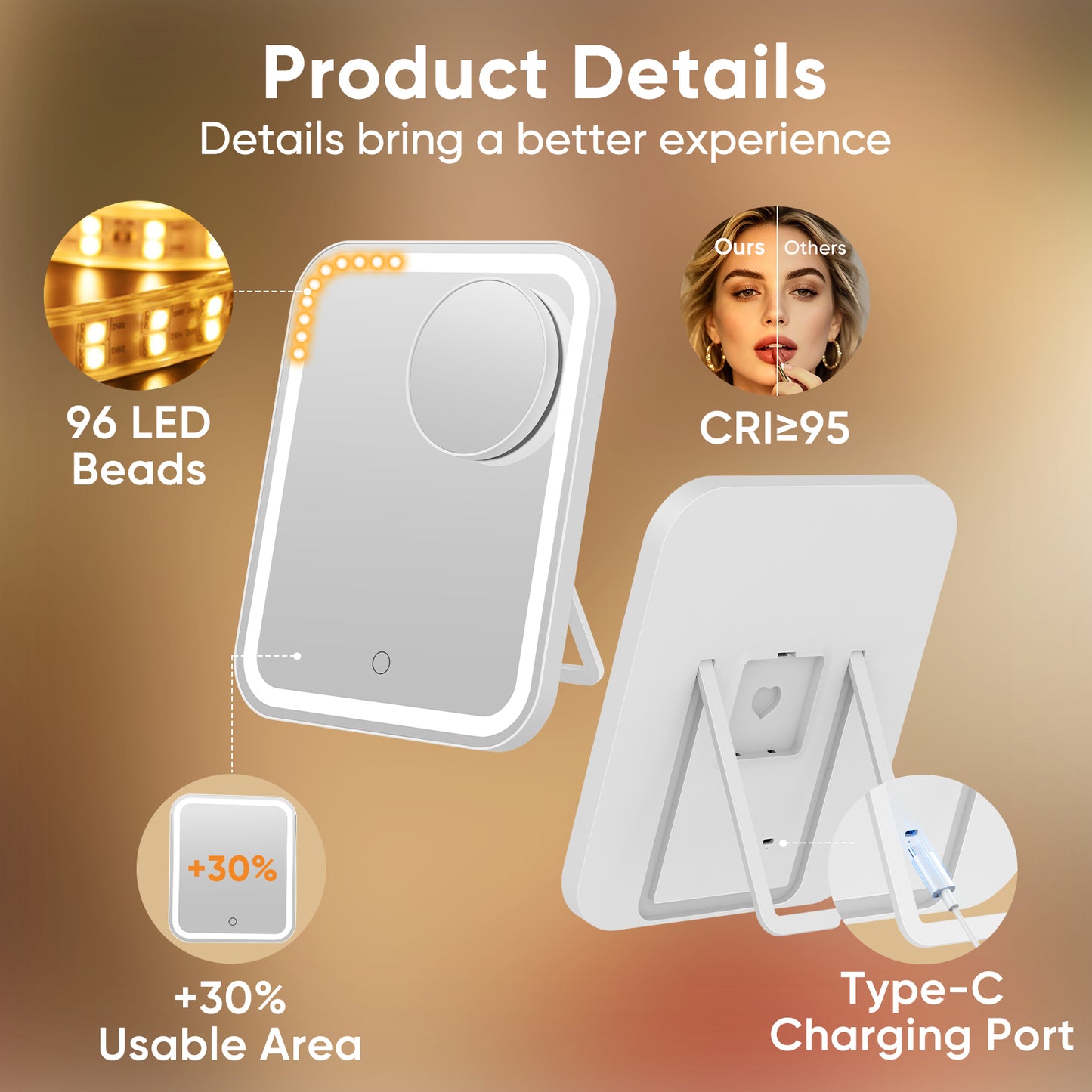 FUNTOUCH Large Makeup Vanity Mirror with Lights, 4500mAh Rechargeable Lighted Desk Makeup Mirror with 10x Magnifying Mirror, 3 Color Lighting (White)