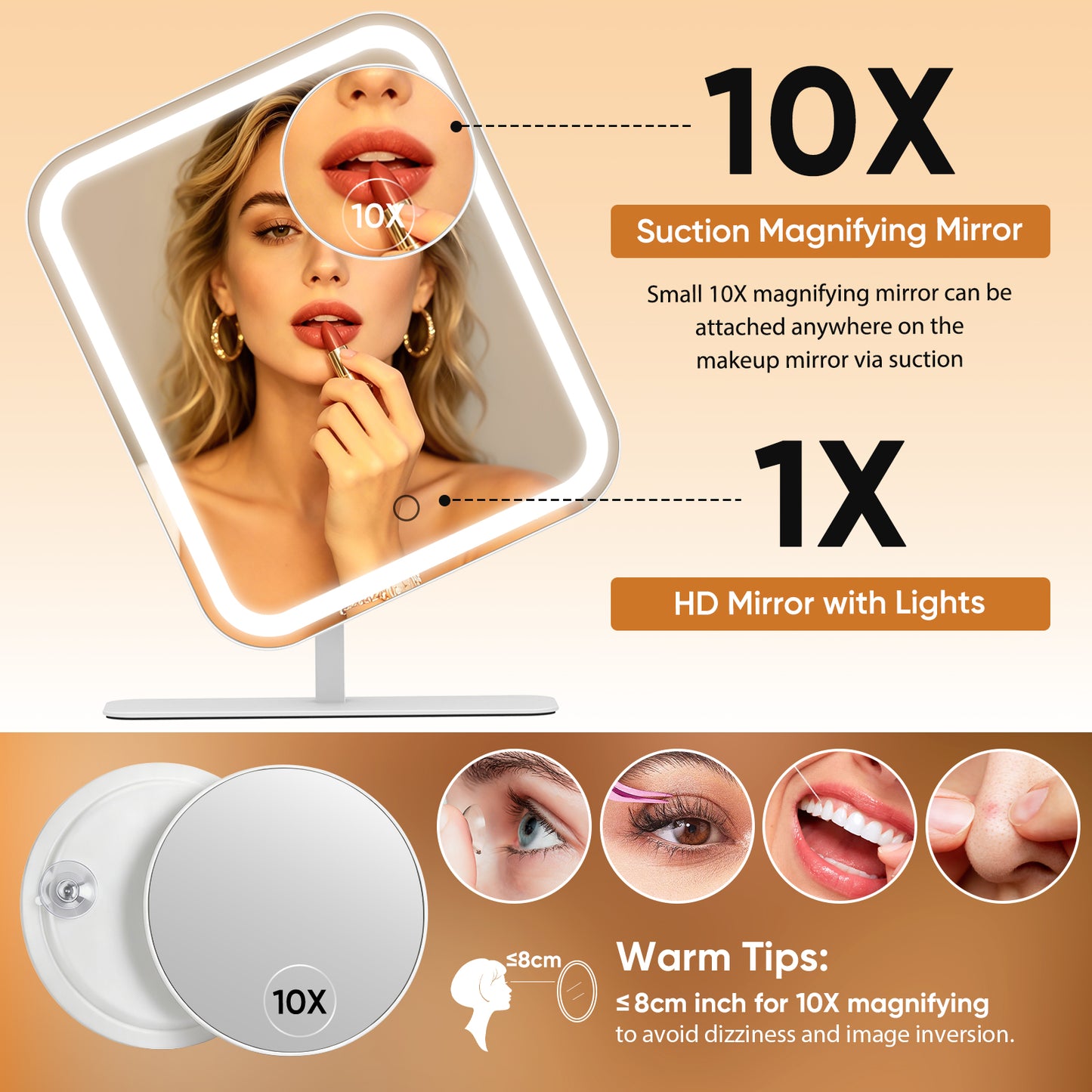 Funtouch Large Lighted Desk Makeup Mirror, Rechargeable 4500mAh Vanity Mirror with 10x Magnifying Mirror, 3 Color Lighting, 360° Rotation, White