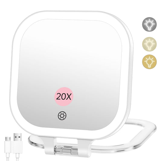 FUNTOUCH 7" Travel Makeup Mirror 20X Magnification,Rechargeable Double Sided Lighted Portable Vanity Mirror with Lights, 3 Color Lights & Adjustable Brightness, 300°Rotation, Gift for Women,White