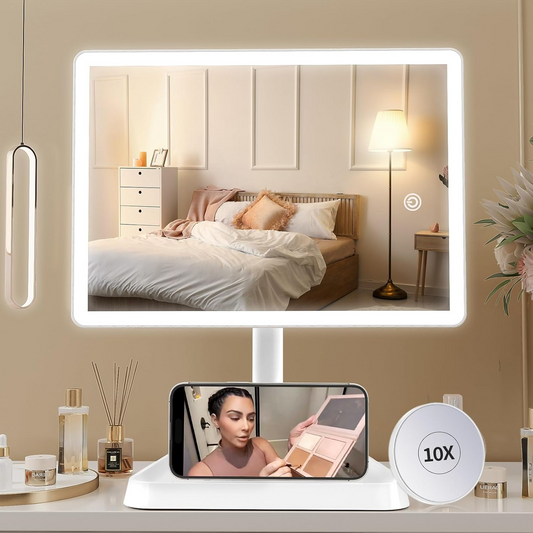 Funtouch Rechargeable Makeup Vanity Mirror, 11“*7.8 ”Large Lighted Desk Makeup Mirror with 96 LED Lights and 10x Magnifying Mirror, 3 Color Lighting, Light up Make up Mirror with Phone Holder, White