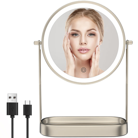 Funtouch 8" Round Stainless Steel Freestanding Makeup Mirror with Lights, 10x Magnification, Storage