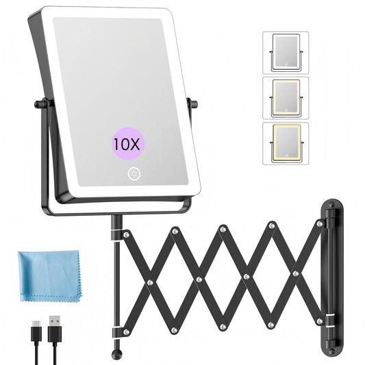 Funtouch 8.7" 5000mAh Rechargeable Wall Mounted Makeup Mirror， Double Sided 1X10X Magnifying Bathroom Mirror, 3 Color Lights, Extended Arm 360°Rotation，Black