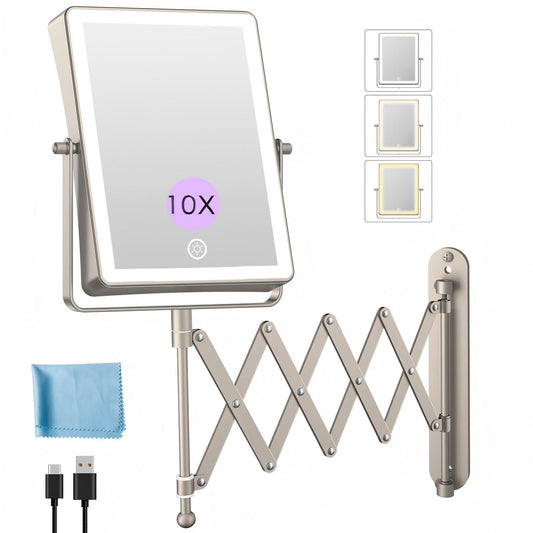 Funtouch 8.7" 5000mAh Rechargeable Wall Mounted Makeup Mirror， Double Sided 1X10X Magnifying Bathroom Mirror, 3 Color Lights, Extended Arm 360°Rotation，Nickel