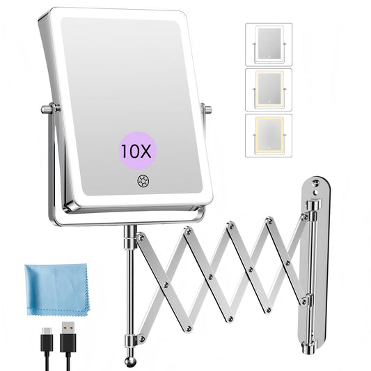 Funtouch 8.7" 5000mAh Rechargeable Wall Mounted Makeup Mirror， Double Sided 1X10X Magnifying Bathroom Mirror, 3 Color Lights, Extended Arm 360°Rotation，Chrome