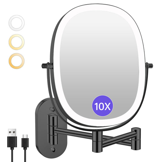 Funtouch Oval Stainless Steel Wall Mounted Makeup Mirror with 1X/10X Magnification, Type-C Cable, Adjustable Rotation,Black