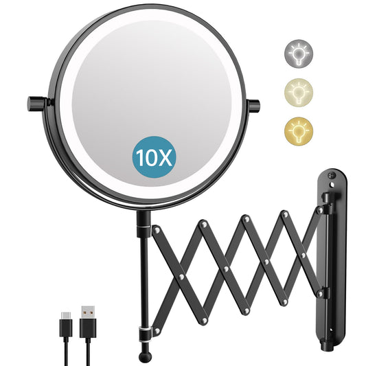 Funtouch 8" Rechargeable Wall Mounted Makeup Mirror,5000mAh Double Sided 1X/10X Magnifying Mirror with 3 Color Lights Touch Dimmable, 360°Swivel Extendable Accordion Bathroom Mirror,Black