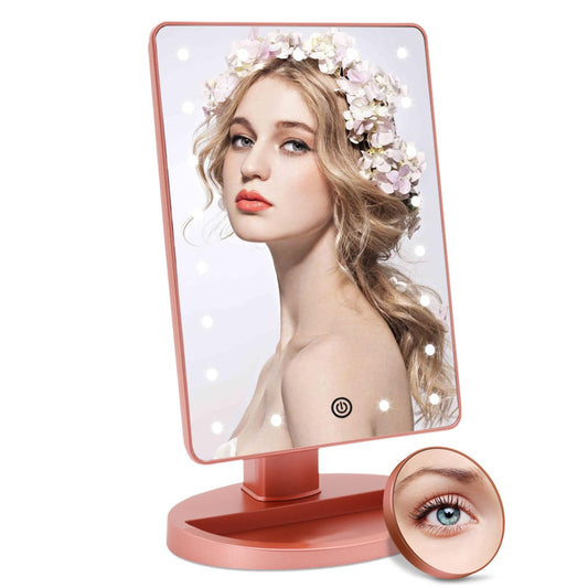 Funtouch 10.6" x 6.5" Square ABS Plastic Makeup Mirror with 1X/10X Magnification, LED Rosegold