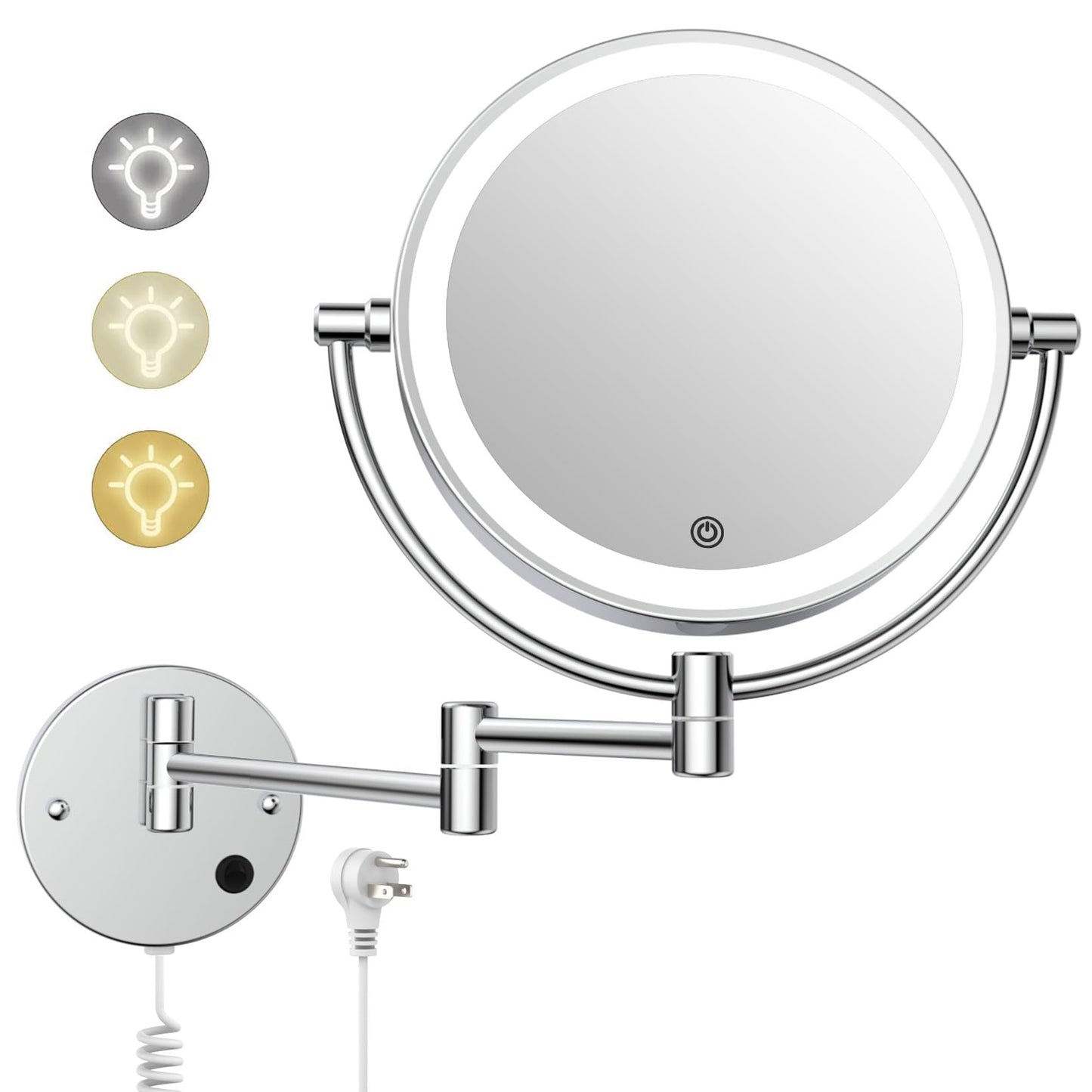 FUNTOUCH Wall Mounted Makeup Mirror with Lights - Plug-in AC Cord 8" Lighted Vanity Mirror Large Double Sided 1X/10X Magnifying Mirror RM390