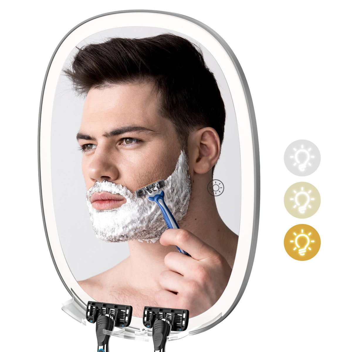 Funtouch Fogless Mirror for Shower, 6.7" x 8.4" Oval, ABS Plastic Wall Mount Bathroom Face Mirror / Fogless Feature, Hanging Shower Mirror, Grey