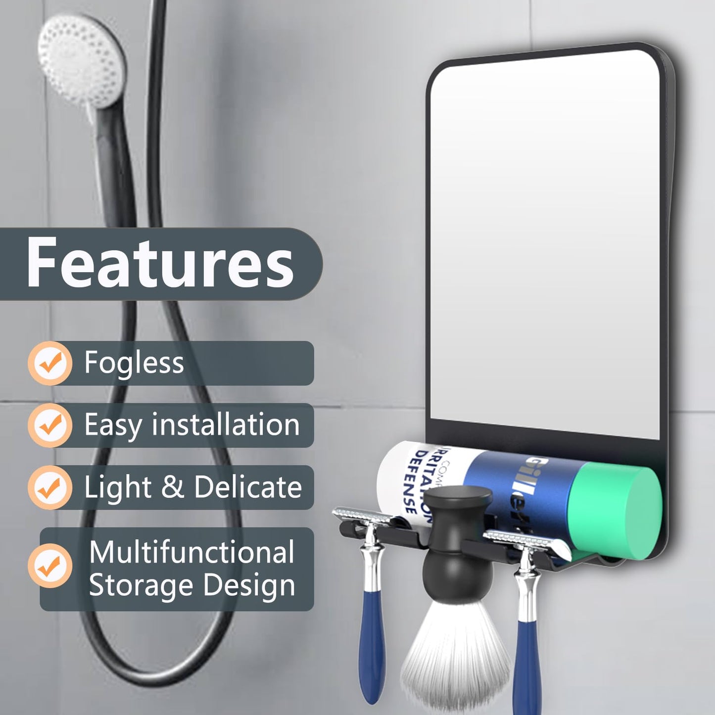 FUNTOUCH Shower Mirror Fogless for Shaving with Multiple Razor Holders, No-Drilling Adjustable Fogless Mirror