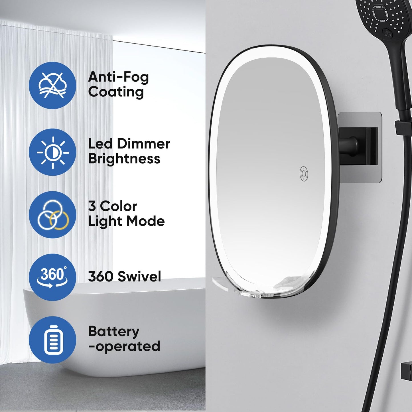 FUNTOUCH Shower Mirror Fogless for Shaving with Light, No-Drilling, 3-Color Dimmable Lights