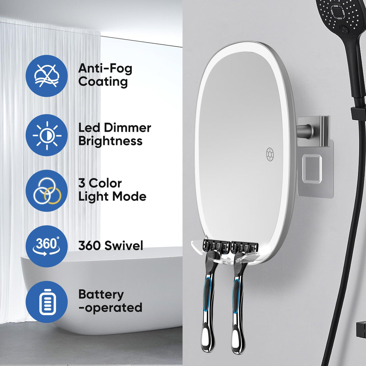 Funtouch Fogless Mirror for Shower, 6.7" x 8.4" Oval, ABS Plastic Wall Mount Bathroom Face Mirror / Fogless Feature, Hanging Shower Mirror, Grey
