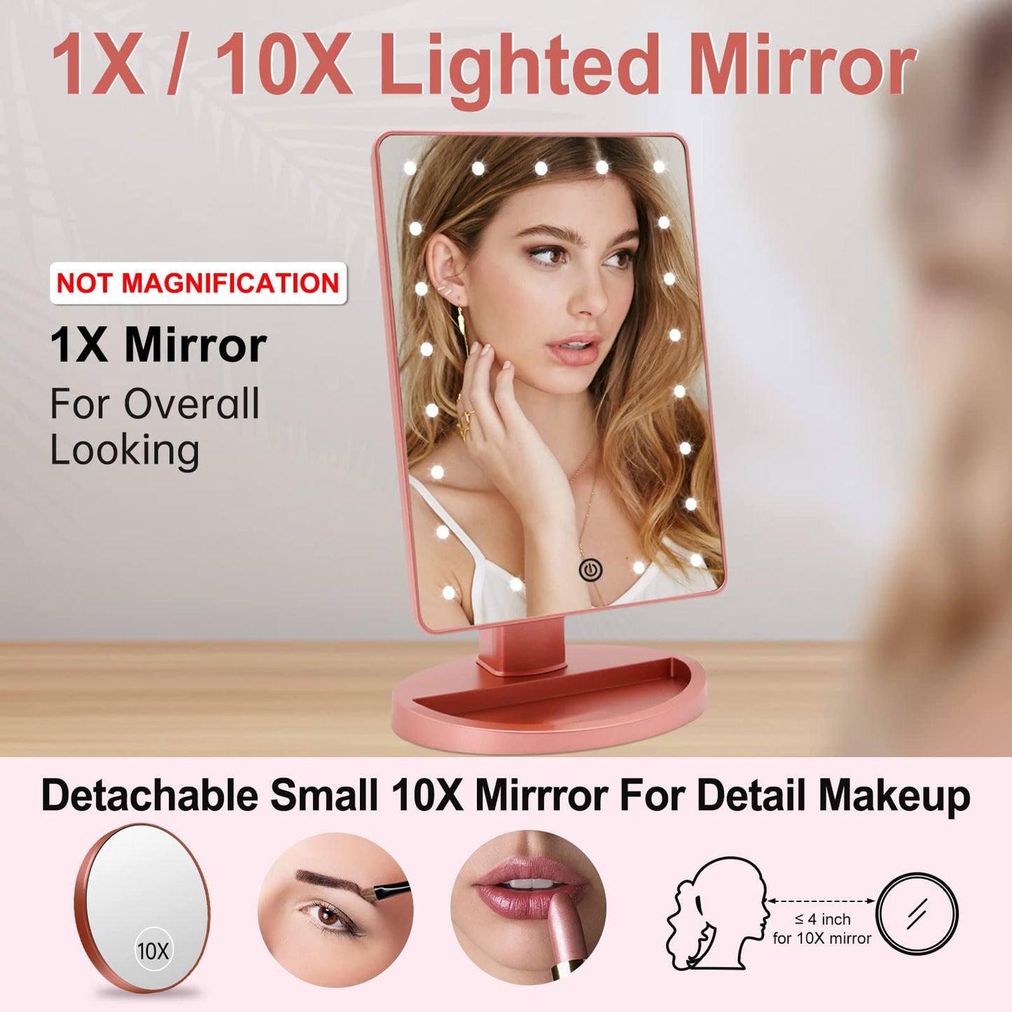 Funtouch 10.6" x 6.5" Square ABS Plastic Makeup Mirror with 1X/10X Magnification, LED Rosegold