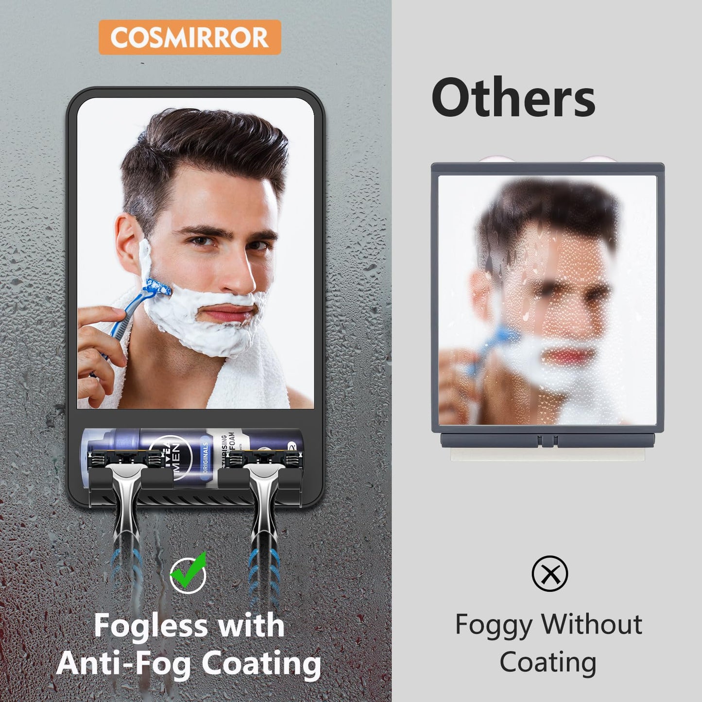 FUNTOUCH Shower Mirror Fogless for Shaving with Multiple Razor Holders, No-Drilling Adjustable Fogless Mirror