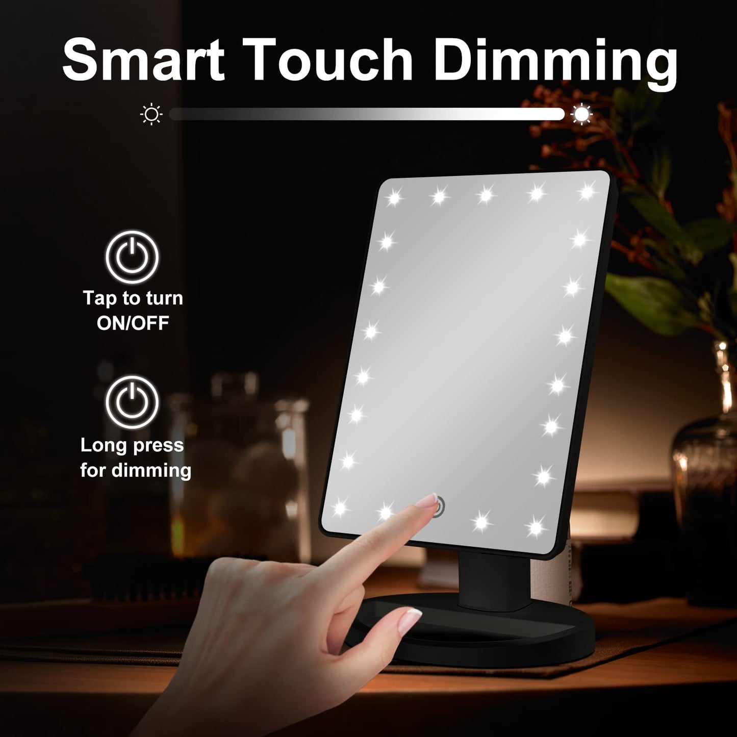 Funtouch Lighted Makeup Vanity Mirror, 10.6"L x 6.5"W, Magnifying, ABS Plastic, with 10X Magnification, Portable, Black