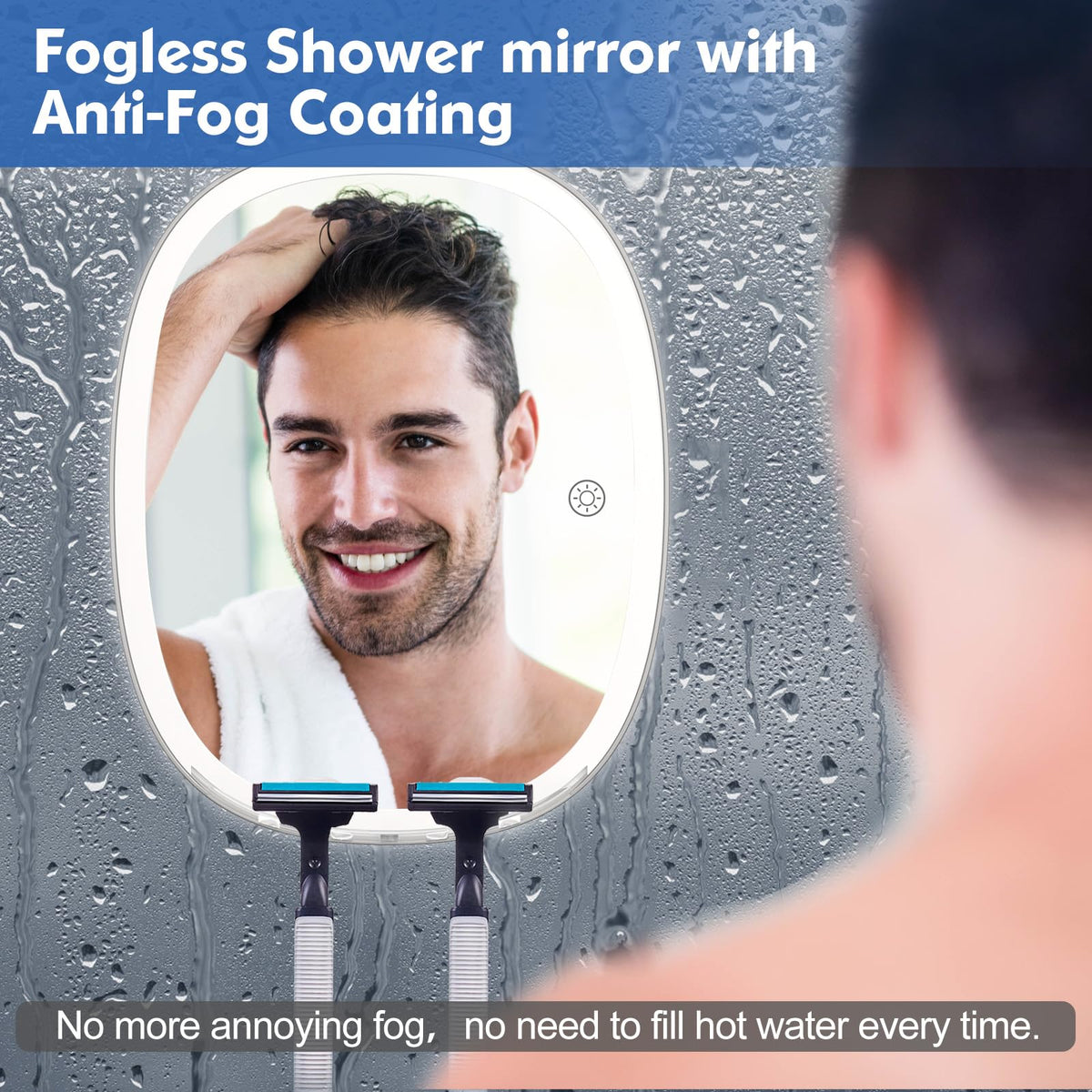 Funtouch Fogless Mirror for Shower, 6.7" x 8.4" Oval, ABS Plastic Wall Mount Bathroom Face Mirror / Fogless Feature, Hanging Shower Mirror, Grey
